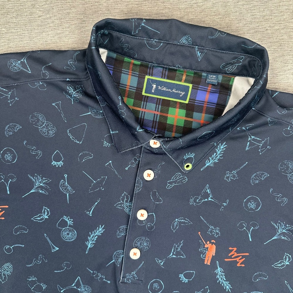 William Murray Mens Large Navy Blue Cocktail Print Golf Polo Shirt Stretch